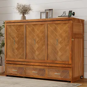 Queen Size Murphy Bed, Pine Wood Cabinet Bed with Built-in USB Charging Station and Geometrical Decoration Panel ,Walnut