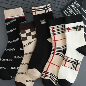 1/5 pairs of branded socks Comfort -Cozy & stylish , Mid- calf length with letter patterns , polyester  blends , machine washable Plaid Menswear Man Soft Breathable Simple Checked Print
