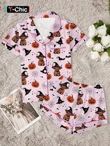Women's Halloween Pumpkin Bat Print Shirt & Elastic Waist Shorts Set, Comfortable Short Sleeve Top, Casual Home Wear for All Seasons, Pajama Set