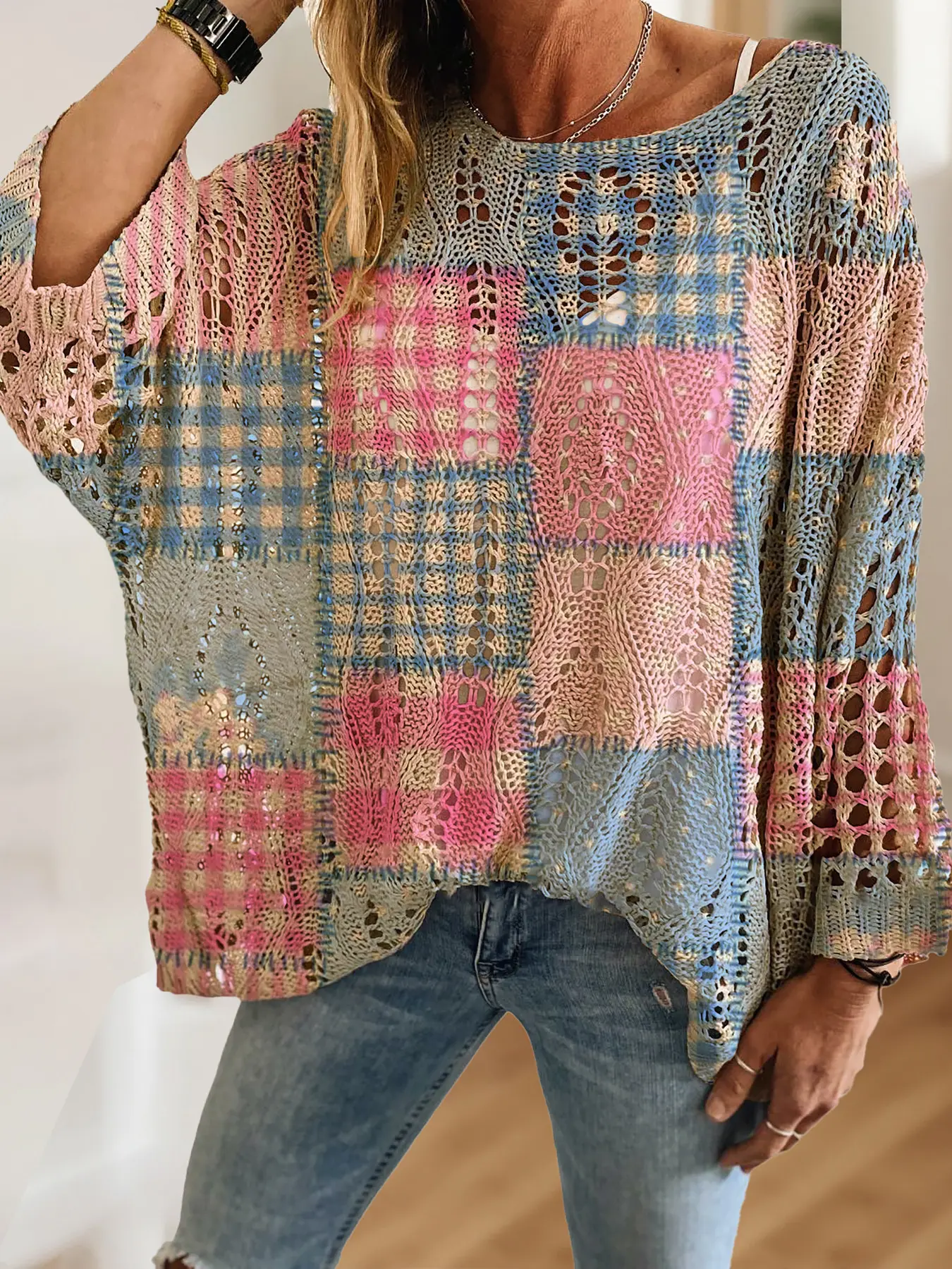 Women's Boho Geometric Patchwork Print Long Sleeve Batwing Knit Top, Casual Elegant Vacation Style, Comfortable Breathable Loose Fit, Spring Summer Fall Fashion, Womenswear