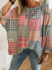 Women's Boho Geometric Print Long Batwing Sleeve Knitwear Top, Casual Elegant Vacation Style, Comfortable Breathable Loose Fit, Spring Summer Fall Fashion, Womenswear