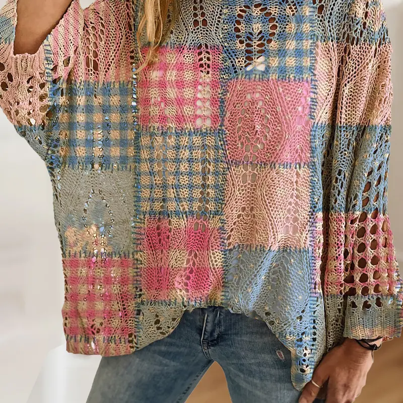 Women's Boho Bohemian Geometric Patchwork Print Long Sleeve Batwing Knit Top, Casual Elegant Vacation Style, Comfortable Breathable Loose Fit, Spring Summer Fall Fashion, Womenswear