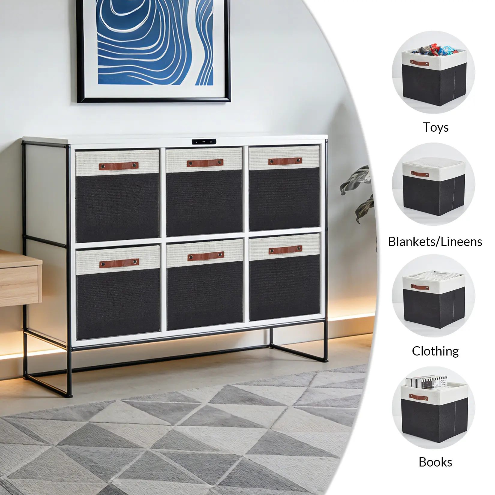 OUTGOODS Minimalist 13x13 Linen Fabric Storage Cube Boxes (Set of 6) - Foldable Storage Organization Bins with Leather Handles, Closet Cubby Shelf Slides, Beige/White with Grey or Black Trim for Bedroom