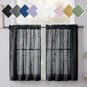 Sheer Black Curtains Kitchen 36 Inch Length 2 Panels Set for Window, Soft Airy Geometric Jacquard Semi Sheer Curtains for Bathroom, Modern Rod Pocket Window Curtains, 42Wx36L Inches