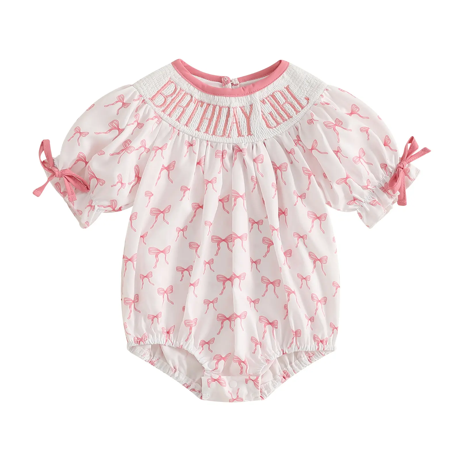 Toddler Baby Girl First Birthday Outfit Smocked Birthday Girl Embroidery Romper Bow Print Short Sleeve Oneise Bodysuit Summer Outfits
