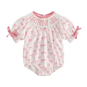 Toddler Baby Girl First Birthday Outfit Smocked Birthday Girl Embroidery Romper Bow Print Short Sleeve Oneise Bodysuit Summer Outfits