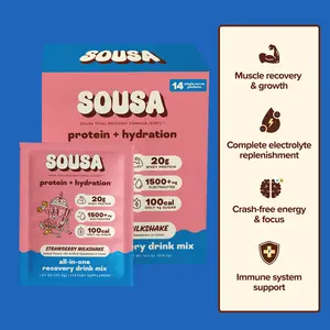 Sousa Protein + Hydration Powder Drink Mix, 14 Packets, Choose Between 3 Flavors (Vanilla, Strawberry Milkshake, Salted Caramel), 20g Whey Protein + 1500mg Electrolytes, 14 Count, Fitness & Recovery Support, Muscle Recovery & Hydration Formula