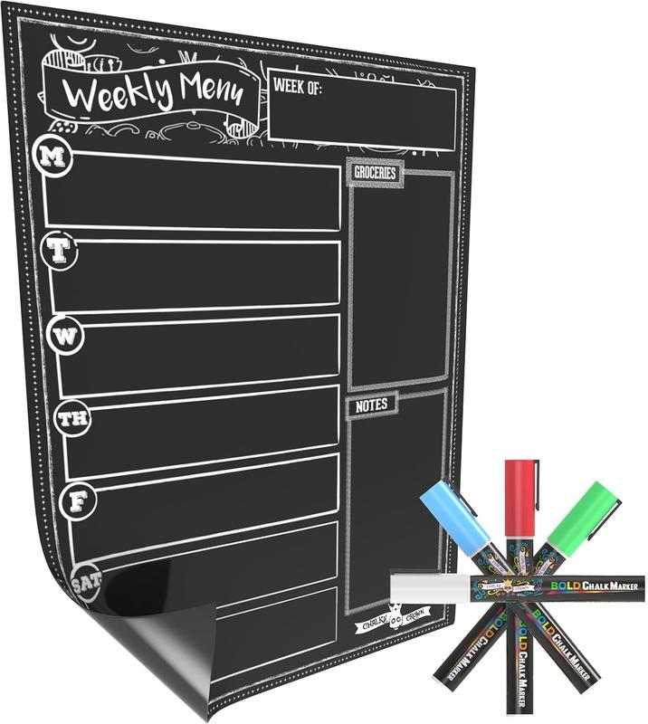 Magnetic Dry Erase Menu Board for Fridge – Weekly Meal Planner Chalkboard with 4 Liquid Chalk Markers, Grocery List & Notepad for Kitchen Refrigerator