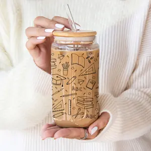 Teacher Symbols 16oz Iced Coffee Glass | Teacher Icon Sipper Glass | Teachers Gift | Teacher Appreciation