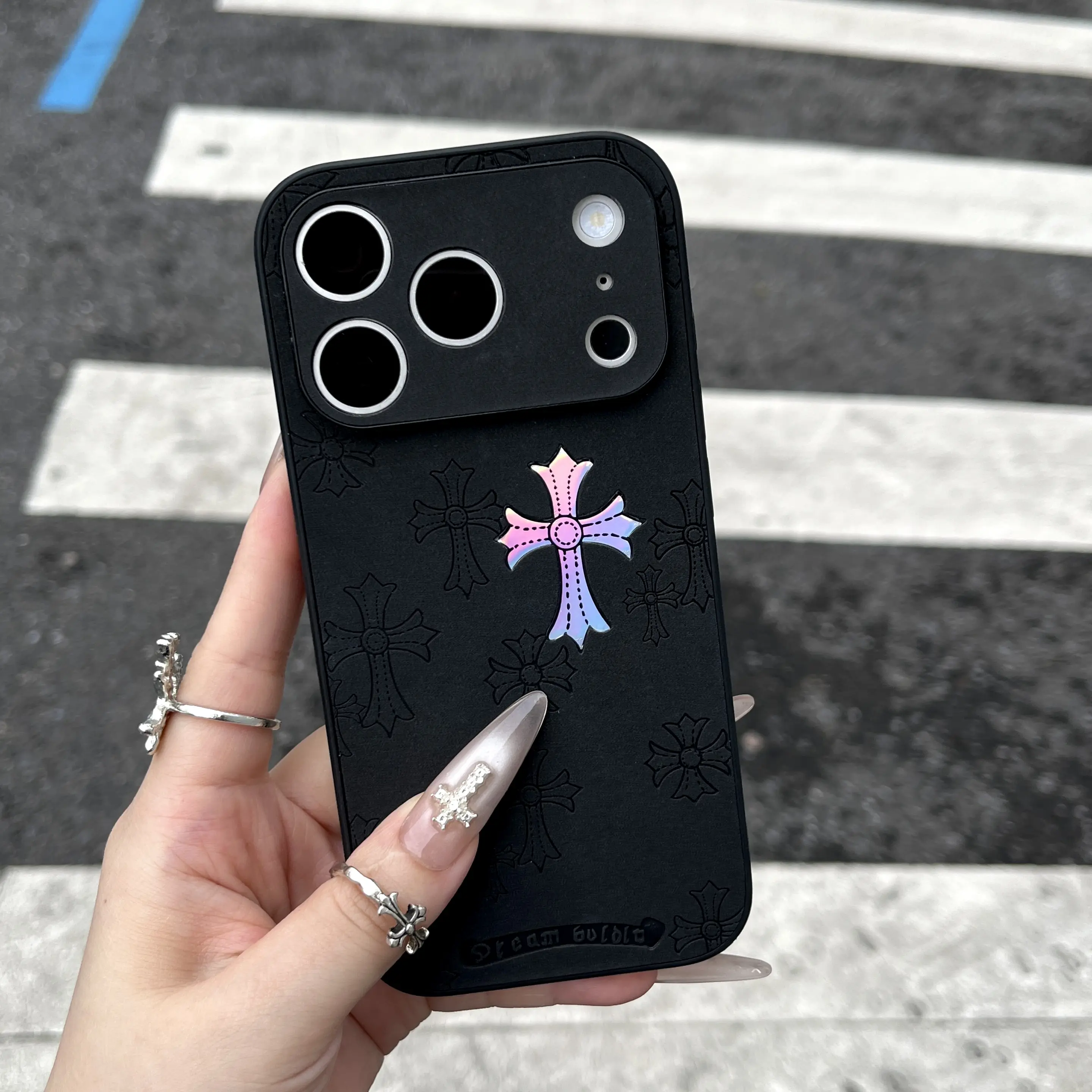 Cross logo leather phone case compatible with iPhone 17/16/15/14/13 Pro Max, iPhone 16/15Plus luxury pure plain leather ultra-thin business phone case 2026 6.1 inches (black)