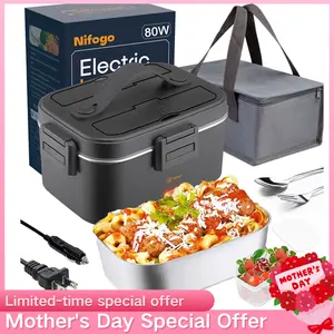 Nifogo Electric Lunch Box 80W 1.8L Stainless Steel Portable Heated Display Screen for Car Truck Work School 12V/24V/110V Square Shape Black