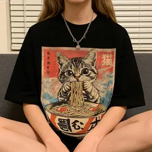 [100% Cotton]Kawaii Cat Ramen Anime T-Shirt for Women Crew Neck Short Sleeve Regular Fit All-Season Casual Wear Ideal for Valentines New Year's Day Father's Day Christmas Top Graphic Tee