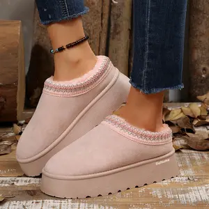 Platform Slippers Mini Boots for Women Fleece Lined Boots Platform Boots Anti-Slip Snow Platform Slippers for Women Outdoor Winter Booties Brown
