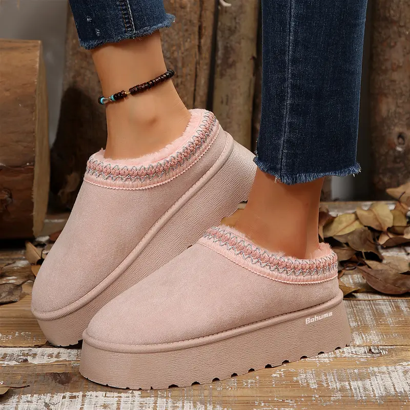 Platform Slippers Mini Boots for Women Fleece Lined Boots Platform Boots Anti-Slip Snow Platform House Indoor Slippers for Women Outdoor Winter Booties Brown