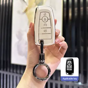 for Ford Key Fob Cover with Keychain, Leather Keyless Entry Car Smart Key Case Protector Holder Compatible with 2017-2023 Bronco Escape Mustang Explorer F150 F250 F350 Fusion