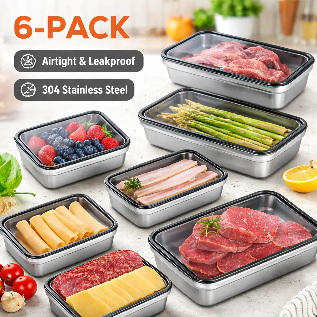 6-Pcs Kitchen 304 Stainless Steel Airtight Resealable Containers with Raised Stripes Lids - Dishwasher-Safe Fridge Organizers, Meal Prep Tools for Work Lunches, Maintains Freshness, Organized Cook (Mid-Year Sale Restock Deals, Housewarming Gifts), Refrige
