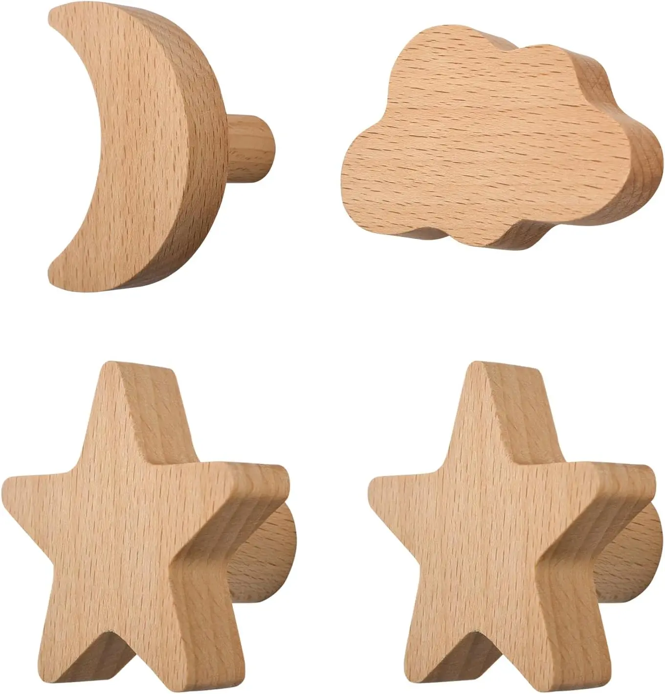4PCS Cloud Moon Star Shaped Wooden Hooks, Decorative Nursery Hook Single Hole Beech Wood Handles Self Stick Wood Cupboard Cabinet Handle for Bedroom Living Room Children's Room