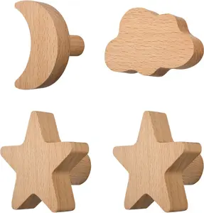 4PCS Cloud Moon Star Shaped Wooden Hooks, Decorative Nursery Hook Single Hole Beech Wood Handles Self Stick Wood Cupboard Cabinet Handle for Bedroom Living Room Children's Room