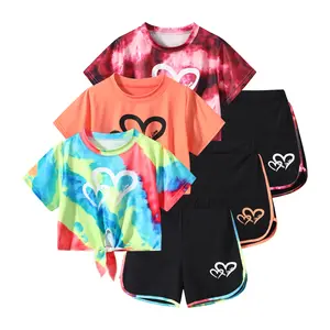 6-Pack Girls Summer Love Heart Print Vacation T-Shirt & Dolphin Shorts Tracksuit Set for Sports, Casual, Dance