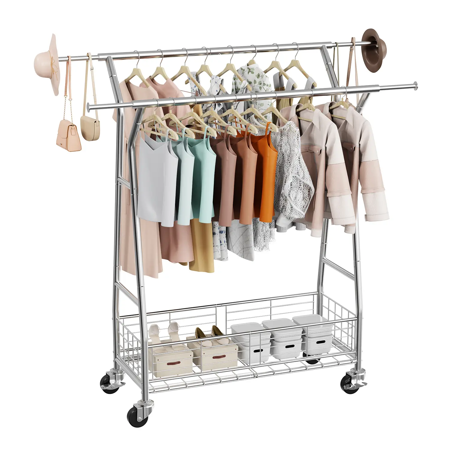 【Summerfinds】VEVOR Clothes Rack,Rolling Clothing Garment Rack with 2 Hanging Rods and Storage Basket330 lbs Load CapacityExtendable Carbon Steel Clothing Racks with Wheels for BedroomLaundryLiving Room