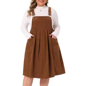 Plus Size Corduroy Pinafore Dress for Women Pleated Adjustable Strap Suspender Skirt Short Overall Dress