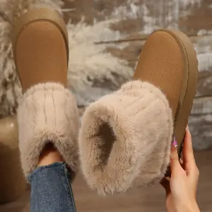 Women's Fuzzy Plush Cuffed Mid-Calf Boots - Soft Lining Indoor Outdoor Shoes Durable Sole for Everyday Wear