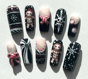 Handmade Gothic Christmas Press On Nails | Skeleton Gingerbread, Candy Cane & Snowflake Art | Black Nails For Holiday Vibe