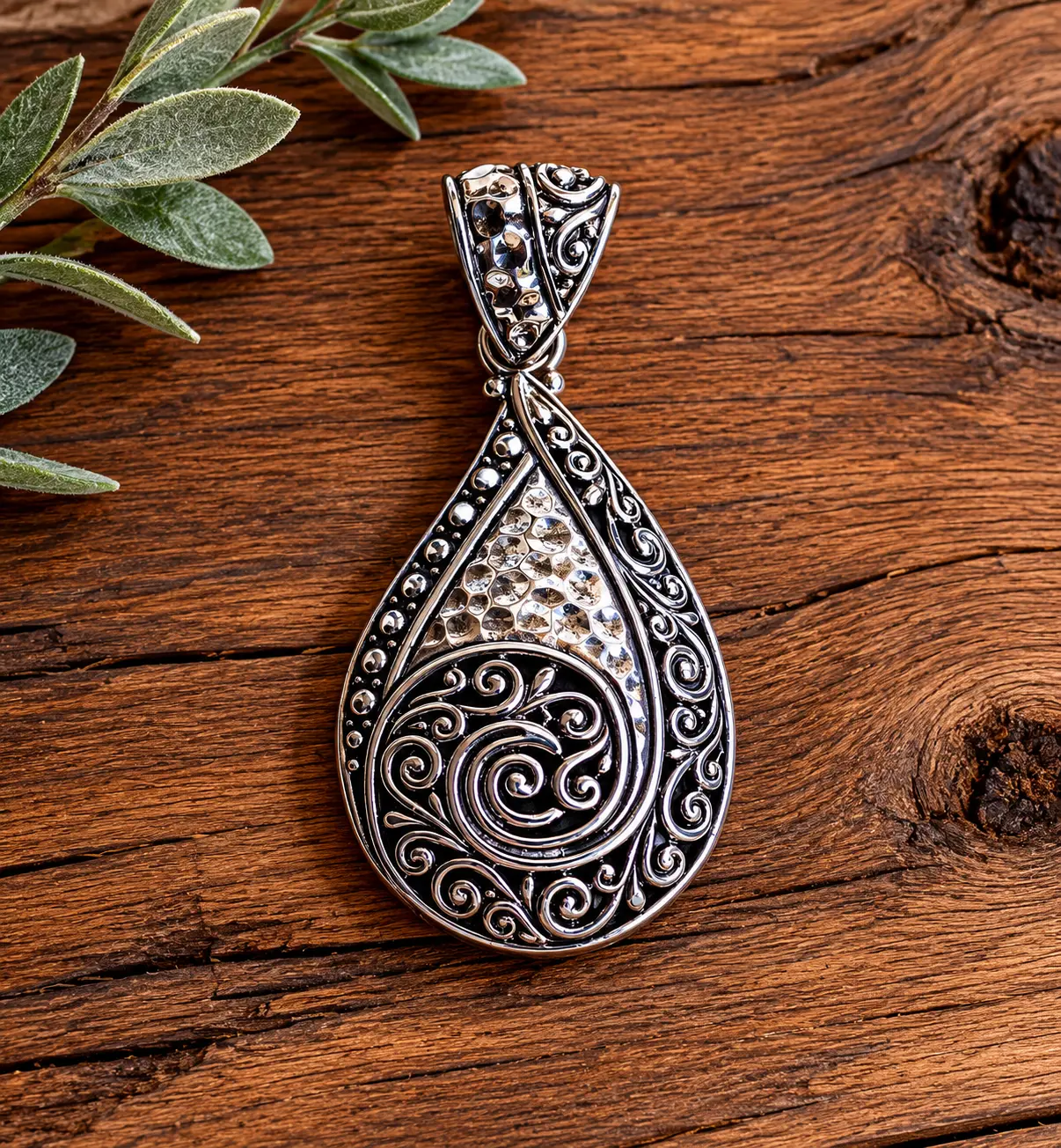 Sterling Silver Tear Drop Shaped Ornate Filigree Medallion Pendant
