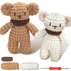 Little Bear Crochet Material Package, 2 Counts Cute Crochet Stuffed Animal Kit for Beginner, Crochet Animal Kit Include Videos Tutorials, Yarn, Seam Markers, Crochet Items