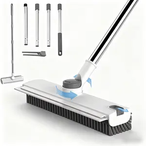 3 in 1 Scrub Brush with Long Handle, Shower Scrubber Floor Brush Broom Squeegee, 180° Rotating Stiff Bristle Cleaning Brush with Adjustable Handle, Silicone Squeegee for Tile, Bathtub, Wall, Patio, Garage, Kitchen Cleaning Supplies, Home Essential Gifts t