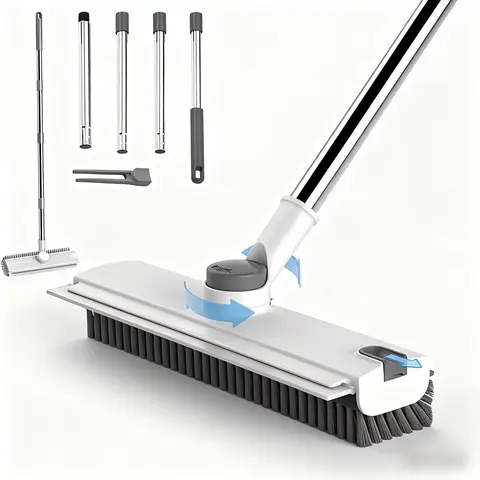 3-in-1 Rotatable Scrub Brush with Long Adjustable Handle - Stiff Bristle Cleaner, Rubber Silicone Squeegee, 180° Rotating Head for Tile, Bathtub Home Care Supplies