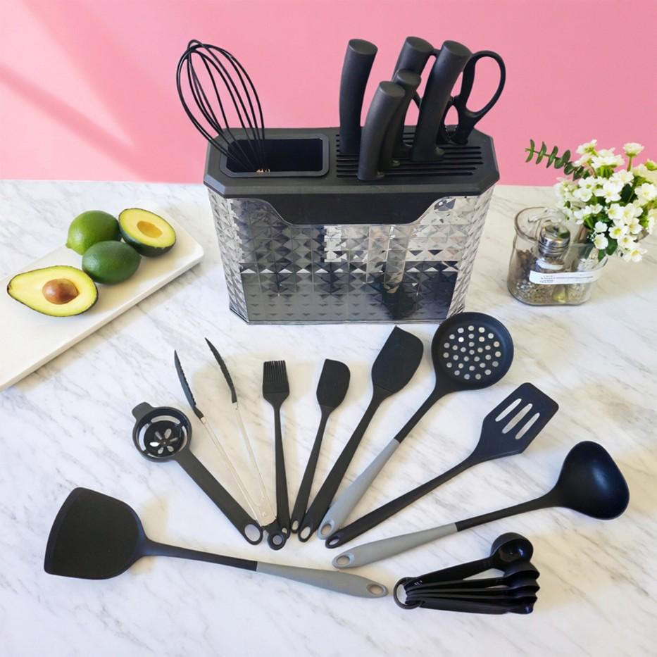 15PCS knife holder kitchen knife set: Japanese style knife, meat/vegetable knife, chicken bone knife, German steak knife storage built-in sharpener - stainless steel washable dishwasher suitable for women, wives, Mother's Day, pink/white/black