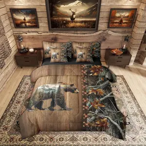 Feelyou 7-Piece Woodland Bear Bedroom Bedding Set - Queen Size Comforter, Bed Sheets, Rustic Cabin Hunting Theme with Wild Animal Leaves Tree Pattern for Boys, Bed Sheets Set