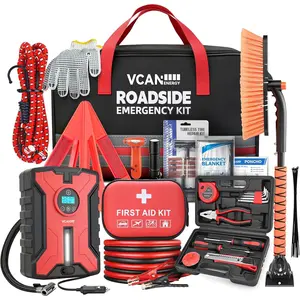 Car Emergency Safety Kit Bag with Portable Air Compressor, Jumper Cables,First Aid Kit, Winter Vehicle Roadside Emergency Kit with Snow Brush and Ice Scraper, for Women, Men, Teen