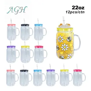 AGH [New Arrived] 12pcs 22oz Plastc Snow Globe Handle Tumbler Double Walled Mason Jars with Colorful Lid for Craft DIY Glitter Gifts