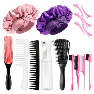 Pink Hair Brush Set 17 Counts Detangler Wide Tooth Comb Satin Bonnet Nylon Bristle Brush Edge Tool Kit for Curly Hair Styling Detangling Hairbrush