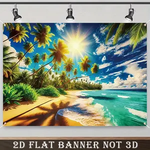 2D Flat Banner, 1pc Tropical Beach Scene Polyester Backdrop - Polyester, Versatile Party Wall Decor for General Use, Perfect for Birthdays, Weddings, and Holidays, Tropical Party Decorations