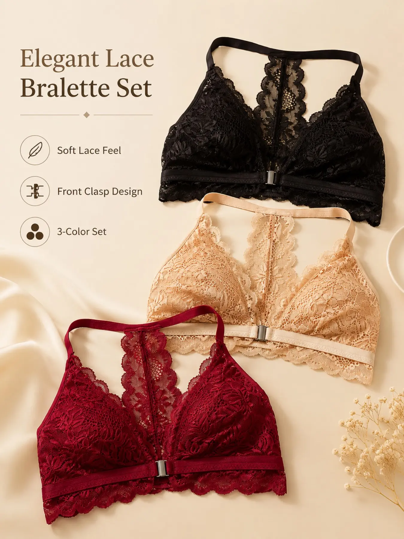 Lace Floral Bralettes, Soft Seamless Comfortable Women's Underwear, 3-Pack, No Steel Ring, Plain Pattern, Ideal for Daily Wear