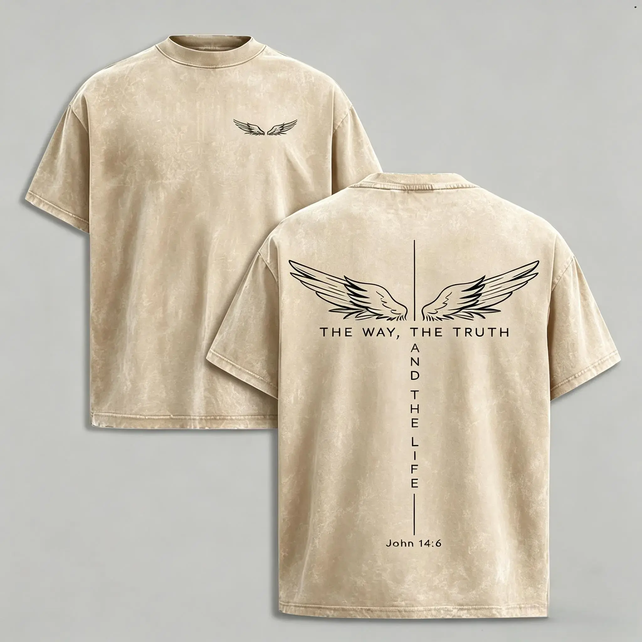 The Way The Truth The Life Christian Washed T-Shirt，Vintage washed black oversized angel wing tee for men, minimalist front small wing print & large back wings with John 14:6 scripture quote “The Way, The Truth And The Life”.