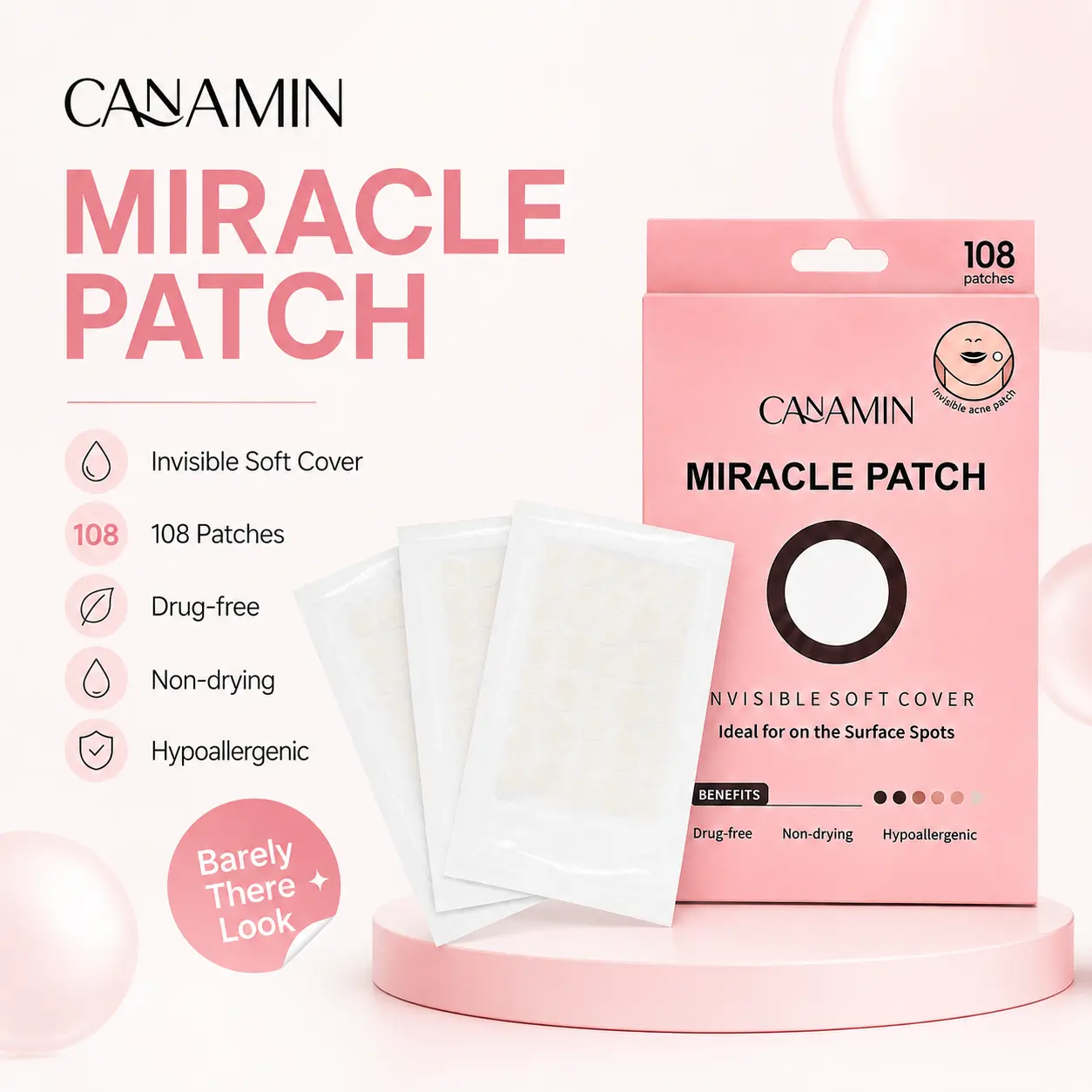 CANAMIN Invisible Hydrocolloid Blemish Patches - 108 Count Multi-Size Thin Clear Spot Covers, Barely-There Skincare Tools for Day & Night Daily Use