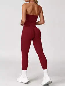 Women's Solid Halter Neck Sports Top & Leggings Set, Sporty Casual Breathable Two-piece Set for Yoga Gym Workout Running, Ladies Sportswear for All Seasons, Workout Running Outfits