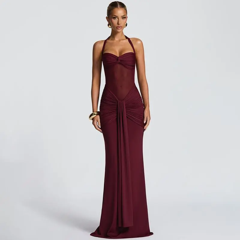 Elegant Women's Halter Neck Tie Back Sheer Mesh Dress, Sexy Long Flowy Gown, Fashionable Plain Color Evening Wear - TikTok Shop Elegant Women's Halter Neck Tie Back Sheer Mesh Dress, Sexy Long Flowy Gown, Fashionable Plain Color Evening Wear - TikTok Shop