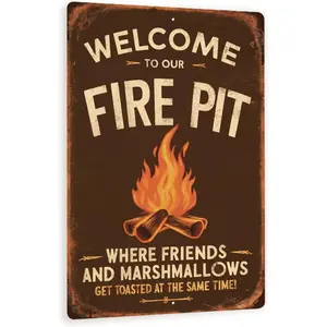 Vintage-Style Tin "Welcome to Our Fire Pit" Metal Print Sign - 8"x12" Rustic Outdoor Home Decoration with Roaring Fire Illustration