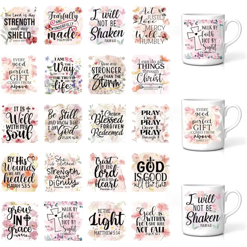 UV DTF Cup Wrap Stickers - 20 Sheets Christian Bible Verse Designs UV DTF Cup Wraps for 16 oz Glass Mug Inspirational Decals Religious Faith Stickers Waterproof Rub on Transfers for Glass DIY Wood Crafts