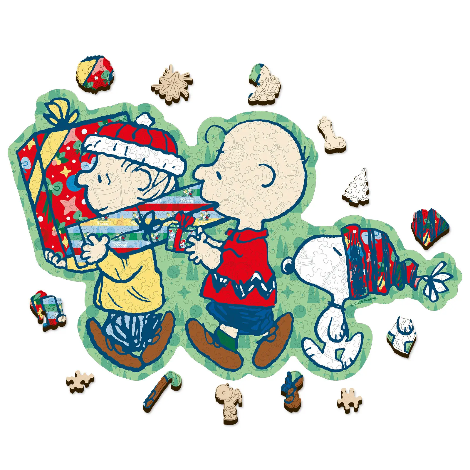 Peanuts Snoopy Puzzle – Merry Unwrapping – Wooden Puzzles for Adults, 300 Pieces Unique Shaped Jigsaw Puzzles, Christmas Puzzle Gift, 5MM Thick, Officially Licensed Merchandise, 16.5" x 10.5"
