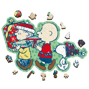 Peanuts Snoopy Puzzle – Merry Unwrapping – Wooden Puzzles for Adults, 300 Pieces Unique Shaped Jigsaw Puzzles, Christmas Puzzle Gift, 5MM Thick, Officially Licensed Merchandise, 16.5" x 10.5"