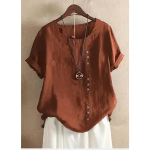2024 Retro Solid Color Top Plus Size Casual Loose Button Cotton Linen Short Sleeve Sweater Round Neck T-shirt Women's Clothing Womenswear Underwear Blouses Lady Comfort Gamis Kurtis Basic Green Minimalist Shortsleeve