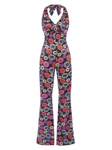 MULTICOLOR 1970S HIPPIE FLORAL HALTER JUMPSUIT Womenswear Overalls Sleeveless Stretchy Design