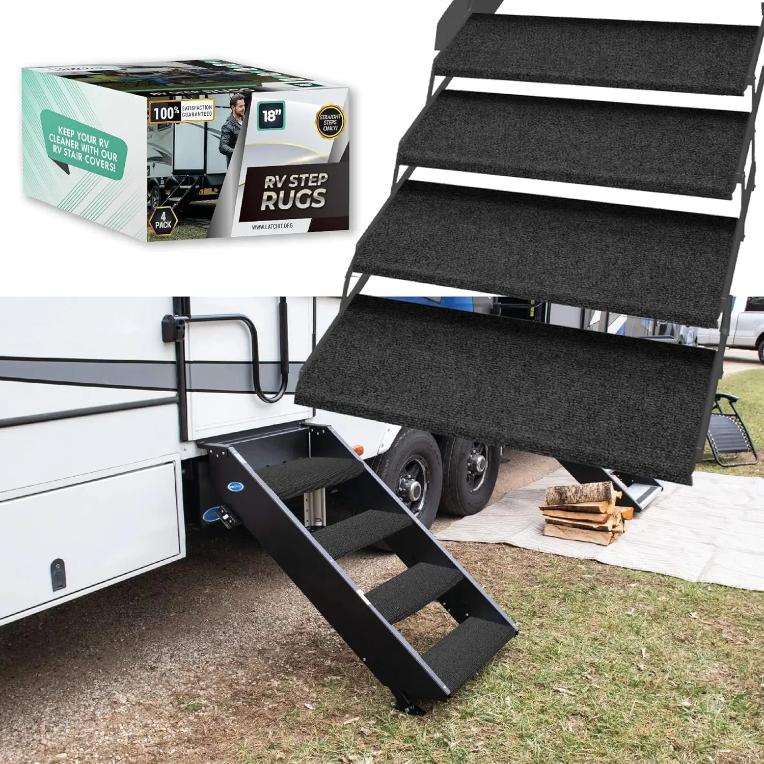 LATCH.IT 18" or 23" Gray or Black RV Step Rugs - Pack of 3 Gray or 4 Black Straight Step Rugs for a Cleaner RV
