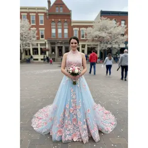 Katie Pink and Blue 3D Wedding dress, A-Line Wedding Dress with 3D flowers, Disney Wedding Dress Floral wedding dress, Custom Wedding Dress